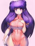  1girl bare_arms bell breasts chinese_clothes covered_navel earrings erect_nipples eyebrows_visible_through_hair fumio_(rsqkr) jewelry jingle_bell large_breasts long_hair looking_at_viewer matching_hair/eyes parted_lips pink_background purple_eyes purple_hair ranma_1/2 shampoo_(ranma_1/2) sidelocks simple_background solo 