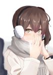  1boy 1girl admiral_(kantai_collection) blush brown_eyes brown_hair commentary_request covering_mouth earmuffs grey_scarf hair_between_eyes highres jewelry kaga_(kantai_collection) kantai_collection long_hair looking_at_another ninoude_(ninoude44) ring scarf side_ponytail simple_background solo_focus watch wedding_band white_background white_coat wristwatch 