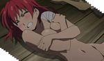  bandages blush breast_hold breasts cecily_cambell covering nude red_hair screencap seiken_no_blacksmith short_hair solo stitched third-party_edit 