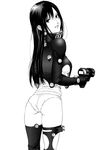  1girl ass bodysuit breasts comic from_behind gantz gantz_suit gun highres large_breasts leaning_forward long_hair looking_back manga monochrome no_pants official_art oku_hiroya panties reika scan shimohira_reika simple_background smile solo standing thighhighs underwear weapon x-gun 