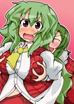  &gt;_&lt; :d ascot bangs blush breast_grab breasts closed_eyes d: dress_shirt dual_persona embarrassed grabbing green_hair hug hug_from_behind impossible_clothes impossible_shirt kazami_yuuka kazami_yuuka_(pc-98) large_breasts long_hair multiple_girls nose_blush open_mouth pink_background plaid plaid_skirt plaid_vest red_eyes shirt simple_background skirt skirt_set smile straight_hair surprised tearing_up tears touhou touhou_(pc-98) v-shaped_eyebrows vest wavy_hair wavy_mouth xd yuuki_shishin 