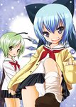  alternate_costume antennae blue_eyes blue_hair bow child cirno contemporary green_hair hair_bow highres kiira middle_finger multiple_girls panties school_uniform shiro_karasu_(hakua) skirt snow touhou underwear upskirt white_panties wings wriggle_nightbug yellow_eyes 