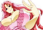  blue_eyes breasts cleavage from_below hong_meiling huge_breasts jewelry long_hair red_hair ring solo toudori touhou 