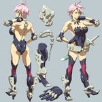  armor armored_boots ass baariya bare_back bare_shoulders boots breasts cleavage collar grey_background large_breasts leotard muscle muscular_female original pink_hair simple_background standing strapless sword thigh_boots thighhighs warrior weapon 