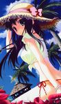  :o bare_arms beach_house bikini black_hair blue_eyes blue_sky bow bracelet commentary copyright_request day dengeki_moeou flower front-tie_top hand_on_headwear hat hat_bow jewelry long_hair looking_at_viewer looking_back nanao_naru palm_tree parted_lips pearl_bracelet petals shirt short_sleeves side-tie_bikini sitting sky solo sun_hat swimsuit tied_shirt tree 