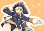  ;d bad_id bad_pixiv_id binoculars black_panties blonde_hair blue_eyes braid copyright_name hat long_hair one_eye_closed open_mouth orange_background panties patty_fleur pirate pirate_hat ruki side-tie_panties smile solo tales_of_(series) tales_of_vesperia twin_braids underwear very_long_hair 