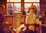  acoustic_guitar apple bad_id bad_pixiv_id book brown_eyes brown_hair chair coffee cup feet food fruit guitar heater instrument kacchuu mug nude one_eye_closed original snow solo towel window 