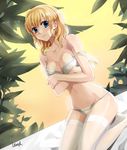  bad_id bad_pixiv_id blonde_hair blue_eyes bra breasts cleavage large_breasts leona_(pixiv) lingerie original panties solo thighhighs underwear underwear_only 