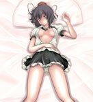  ao_usagi bed black_hair blush embarrassed hat looking_at_viewer lying panties shameimaru_aya short_hair skirt solo tokin_hat touhou underwear 