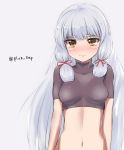  1girl artist_name breasts commentary_request eyebrows_visible_through_hair grey_background hair_ribbon highres kantai_collection long_hair looking_at_viewer medium_breasts midriff murakumo_(kantai_collection) navel orange_eyes remodel_(kantai_collection) ribbon saplus short_eyebrows sidelocks silver_hair simple_background solo tress_ribbon undershirt upper_body 
