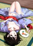  absurdres barefoot black_eyes black_hair breasts cleavage fan hands highres japanese_clothes kimono medium_breasts navel open_clothes open_kimono original panties paper_fan ryou@ryou short_hair solo striped striped_panties tatami uchiwa underwear upside-down 
