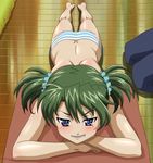  blush green_hair grin highres lying nogizaka_haruka_no_himitsu panties sawamura_ryouko smile striped striped_panties underwear 