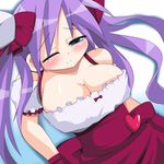  big_breasts blush breasts cleavage cosplay hiiragi_kagami large_breasts low_cut_top lucky_star purple_hair twin_tails twintails wink 