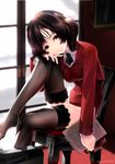  bad_id bad_pixiv_id black_hair book bottomless chair hands knee_up legs lips no_panties original red_eyes short_hair sitting smile solo sumomo_kpa thighhighs window 