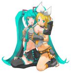  blonde_hair blue_eyes blue_hair bow detached_sleeves groping hair_bow hatsune_miku kagamine_rin long_hair multiple_girls navel skirt thighhighs twintails very_long_hair vocaloid yuri yurizuka_(sergeant_heart) 