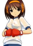  boxer boxing boxing_gloves brown_eyes brown_hair gym_uniform hairband nipples ribbon see-through see_through simple_background suzumiya_haruhi suzumiya_haruhi_no_yuuutsu 