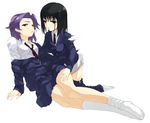  bad_id bad_pixiv_id black_hair blazer brown_eyes feet green_eyes hands jacket kajiki_yumi kneehighs legs multiple_girls necktie purple_hair saki school_uniform shirota_dai short_hair skirt skirt_pull socks touyoko_momoko tsuruga_school_uniform undressing yuri 