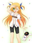  baseball_cap bike_shorts blonde_hair bunny cameltoe clothes_writing green_eyes hat jersey long_hair lyrical_nanoha mahou_shoujo_lyrical_nanoha_strikers mahou_shoujo_lyrical_nanoha_vivid masakichi_(crossroad) nippon_professional_baseball one_eye_closed sacred_heart solo two_side_up v vivio yomiuri_giants 