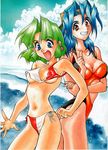  90s :o bikini blue_eyes blue_hair breasts brown_eyes cloud day ellis_(toushinden) green_hair grin hat kotobuki_tsukasa large_breasts multiple_girls short_hair side-tie_bikini sky small_breasts smile surprised swimsuit toushinden tracy_(toushinden) underboob wardrobe_malfunction 