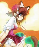  1girl animal_ears animal_tail ass blue_eyes brown_hair cat_ears cat_tail earring earrings jewelry jewlery mario_(series) mushroom nintendo panties pantyshot princess_daisy school_uniform star super_mario_bros. super_mario_land tail underwear upskirt 