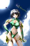  armor black_hair blouse blush bob_cut brain_powered breasts brown_eyes choujuu_kishin_dancouga cleavage cleavage_cutout covered_nipples elbow_gloves fingerless_gloves gloves green_panties hair_ornament hand_on_hip highres katia_grineal large_breasts midriff navel nomal panties short_hair sky solo standing super_robot_wars super_robot_wars_judgement thigh_strap underwear 