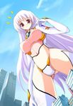  1girl ariel_alistair artist_request blush breasts building cleavage cute erect_nipples from_below giantess long_hair looking_down maebari_teikoku_no_gyakushuu nipples red_eyes sky smile standing very_long_hair white_hair 