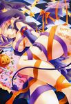 absurdres blonde_hair blue_eyes body_writing breasts candy candy_cane checkerboard_cookie cookie copyright_request elbow_gloves food gloves halloween happy_halloween hat highres jack-o'-lantern jelly_bean large_breasts naked_ribbon nekou_izuru one_eye_closed pointy_ears pumpkin ribbon solo tail wings witch_hat 