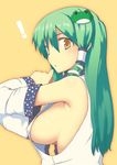  1girl armpits breasts detached_sleeves duplicate frog green_hair hair_ornament jpeg_artifacts kochiya_sanae large_breasts long_hair no_bra sideboob solo touhou uro when_you_see_it yellow_eyes 