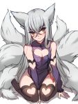  1girl animal_ears black_legwear breasts china_dress chinese_clothes cleavage cleavage_cutout detached_sleeves dress facial_mark fox_ears fox_tail groin hair_between_eyes heart highres k_jin looking_at_viewer multiple_tails original silver_hair sitting smile solo tail thighhighs wariza yellow_eyes 