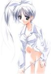  blue_eyes blue_hair bow dress_shirt hair_bow itou_noemi long_hair long_sleeves navel no_pants nomal panties panty_pull shirt side_ponytail solo standing thigh_gap underwear white_panties with_you 