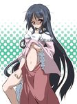  black_hair blouse bow bowtie expressionless hachi_(chihagura) houraisan_kaguya lifted_by_self long_hair looking_at_viewer navel red_skirt shaded_face skirt solo stomach touhou undressing very_long_hair white_bow white_neckwear 