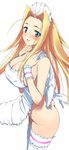  apron ass blonde_hair blue_eyes blush breasts cleavage covered_nipples headdress hima huge_breasts lace lace-trimmed_thighhighs long_hair mint_adenade naked_apron no_panties sideboob solo tales_of_(series) tales_of_phantasia thighhighs white_legwear wrist_cuffs 