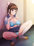  bow bra breasts brown_hair cleavage hair_bow hands highres kneehighs large_breasts legs lingerie love_plus panties pantyshot pantyshot_(squatting) ponytail shirt_lift shoes socks solo spread_legs squatting striped striped_panties takane_manaka underwear usatarou uwabaki white_legwear 