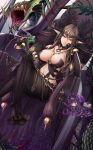  1girl breasts brown_hair fate/apocrypha fate_(series) feet frills glass large_breasts legs_crossed long_hair looking_at_viewer pantyhose pointy_ears pov semiramis_(fate) sitting slit_pupils smile soles throne toes very_long_hair yellow_eyes 