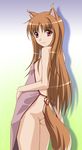  animal_ears apron ass back brown_hair flat_chest from_behind holo long_hair looking_back naked_apron no_panties red_eyes smile solo spice_and_wolf syusendow tail wolf_ears 