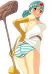  ass bad_id bad_pixiv_id bare_shoulders blue_hair brown_eyes cowboy_shot curvy dragon_quest dragon_quest_iii elbow_gloves gloves looking_back masao panties pantyshot sage_(dq3) skirt skirt_lift solo staff striped striped_panties underwear 