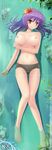  absurdres barefoot blush breasts dakimakura feet full_body hair_ornament highres himawari_(sunlight_yellow) huge_filesize large_breasts leaf leaf_hair_ornament legs lying navel nipples on_back panties partially_translated purple_hair red_eyes solo square-leg toes touhou translation_request underwear water wet yasaka_kanako 