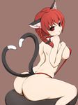  animal_ears ass back blush braid breasts cat_ears cat_tail from_behind heart heart_tail kaenbyou_rin large_breasts looking_at_viewer looking_back multiple_tails nekomata one-piece_thong pandain red_eyes red_hair ribbon sideboob sitting slingshot_swimsuit solo swimsuit tail touhou 
