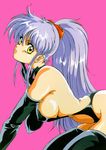  80s all_fours blue_hair boots breasts copyright_request covered_nipples earrings highres jewelry large_breasts leather mon_mon oldschool ponytail profile scan sideboob simple_background solo thigh_boots thighhighs yellow_eyes 