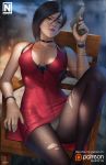  1girl absurdres ada_wong black_hair breasts brown_hair choker cleavage dress gloves gun highres large_breasts looking_at_viewer norman_de_mesa pantyhose red_dress resident_evil resident_evil_2 short_hair simple_background smile solo weapon 
