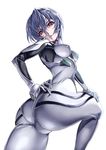  ass ayanami_rei bob_cut bodysuit breasts commentary_request expressionless from_behind from_below grey_bodysuit hand_on_ass hand_on_own_knee hips knee_up light_blue_hair looking_at_viewer looking_down medium_breasts narrow_waist neon_genesis_evangelion plugsuit red_eyes saburou_(hgmg) short_hair simple_background skin_tight skindentation slender_waist solo trefoil twisted_torso very_short_hair white_background white_bodysuit wide_hips 