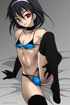  bikini black_hair black_legwear bulge choker copyright_request crossdressing elbow_gloves gloves hairband male_focus navel non-web_source otoko_no_ko red_eyes seductive_smile short_hair smile solo swimsuit thighhighs usura 