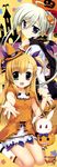  absurdres blonde_hair blush child einhart_stratos fujima_takuya grey_hair halloween hat heterochromia highres incredibly_absurdres jack-o'-lantern lyrical_nanoha mahou_shoujo_lyrical_nanoha_vivid multiple_girls official_art pumpkin sacred_heart scan vivio 