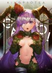  1girl :o bandage_over_one_eye breasts character_name cowboy_shot fate/grand_order fate_(series) gloves highres horns kingprotea long_hair looking_at_viewer medium_breasts miothle moss navel open_mouth purple_eyes purple_hair solo standing 