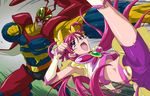  1girl battle bike_shorts bunbee_(yes!_precure_5) cameltoe cure_dream duel eyelashes kicking long_hair maeashi magical_girl midriff open_mouth pink_hair precure purple_eyes purple_shorts shorts shorts_under_skirt yes!_precure_5 yumehara_nozomi 