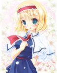  alice_margatroid blonde_hair bloom blue_eyes blush floral_background hairband hand_on_own_chest highres kanzaki_sora looking_at_viewer necktie short_hair solo touhou upper_body 