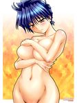  aihara_takuya blue_hair blush breast_hold breasts covering curvy dha genderswap genderswap_(mtf) groin large_breasts navel nude solo x-change yellow_eyes 