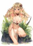  1girl :o armpits arms_up banned_artist bare_legs bare_shoulders blonde_hair blue_eyes blush breasts cleavage detached_collar detached_sleeves dress elf grass hands_in_hair heart heart_hands large_breasts leg_up long_hair long_sleeves looking_at_viewer looking_back open_mouth original paseri pelvic_curtain plant pointy_ears sandals sidelocks simple_background solo standing standing_on_one_leg water water_drop wet wet_clothes wet_dress white_background white_dress 