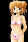  blush bow bow_bra bow_panties bra breasts brown_eyes brown_hair double_bun frills hidamari_sketch hiro kage_kei lingerie medium_breasts panties pink_bra pink_panties smile solo underwear underwear_only 