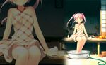  breasts dress eyes_closed female highres no_panties pink_hair sitting twintails wallpaper wallpaper_for_the_brave 